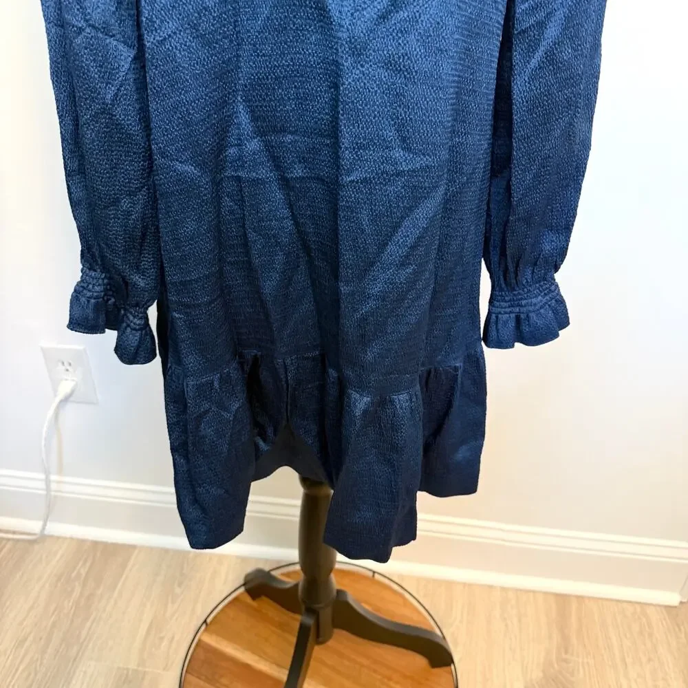 Sandro Paris Long Sleeve Tie Neck Flounce Hem Mini Dress In Navy Blue Size 36